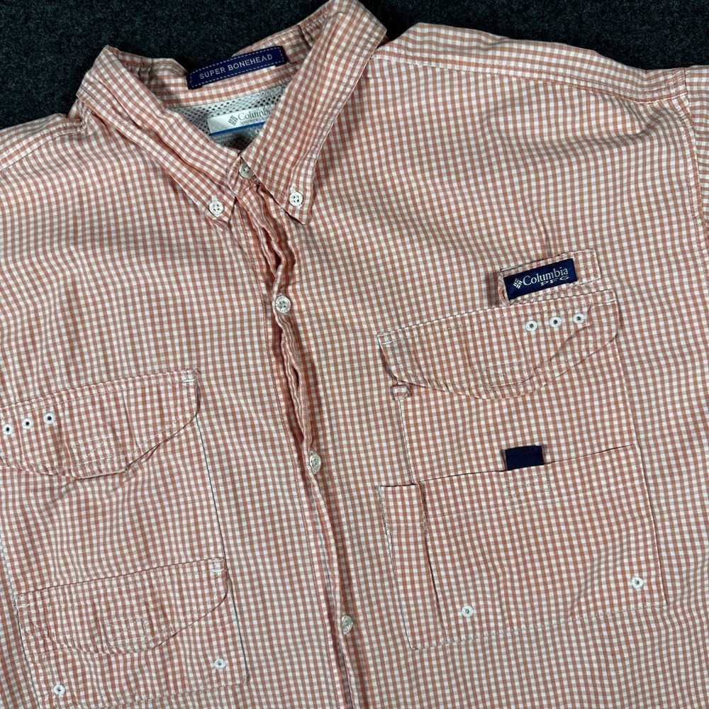 Columbia Bonehead Orange White Check 2XL Short Sleeve Button-Up Fishing Shirt - Picture 1 of 8